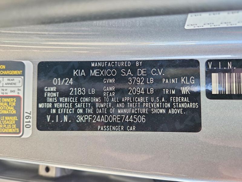 49944346 :رقم المزاد ، 3KPF24AD0RE744506 vin ، 2024 Kia Forte مزاد بيع