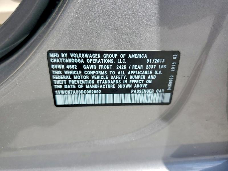 49130476 :رقم المزاد ، 1VWCN7A33DC092092 vin ، 2013 Volkswagen Passat مزاد بيع