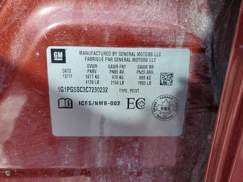 2012 Chevrolet Cruze მანქანა იყიდება აუქციონზე, vin: 1G1PG5SC3C7230232, აუქციონის ნომერი: 47431626