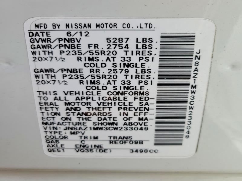 Продаж на аукціоні авто 2012 Nissan Murano, vin: JN8AZ1MW3CW233049, номер лоту: 48597086