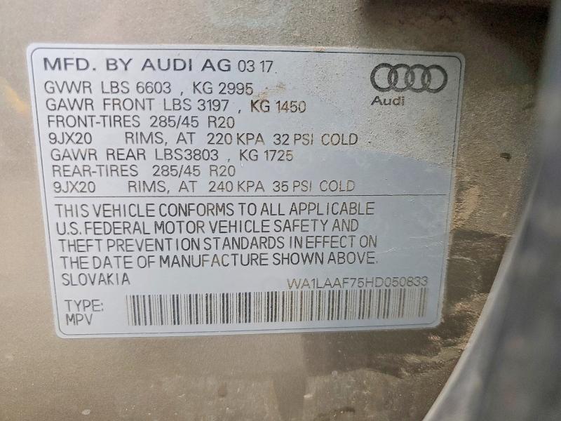 Продажа на аукционе авто 2017 Audi Q7, vin: WA1LAAF75HD050833, номер лота: 51568666