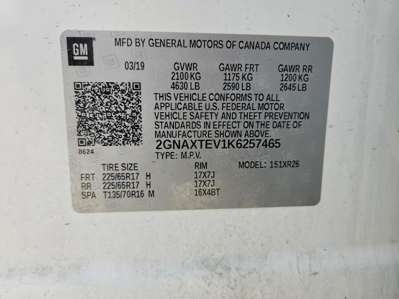 Aukcja sprzedaży 2019 Chevrolet Equinox, vin: 2GNAXTEV1K6257465, numer aukcji: 50635056