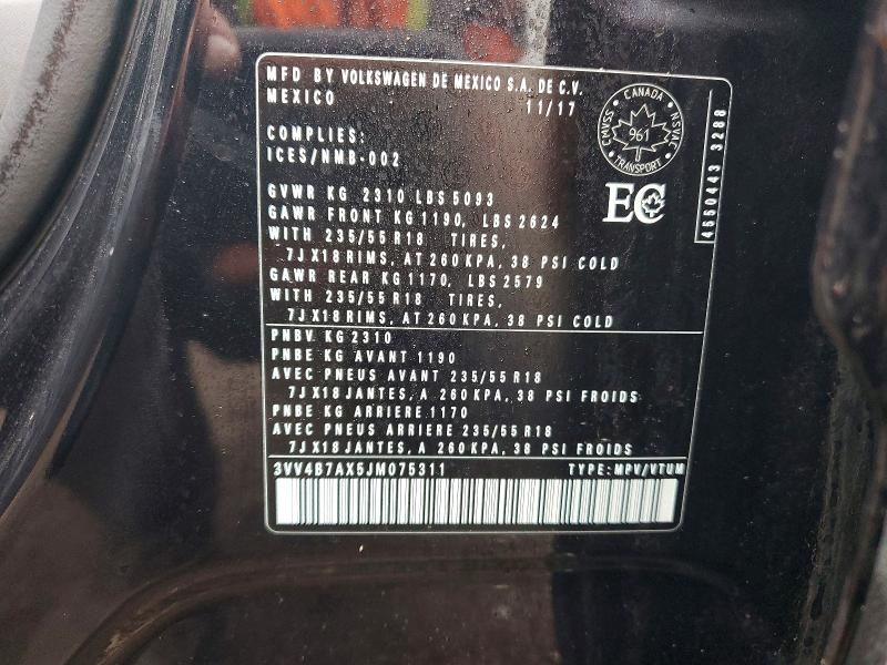 2018 Volkswagen Tiguan მანქანა იყიდება აუქციონზე, vin: 3VV4B7AX5JM075311, აუქციონის ნომერი: 41636216