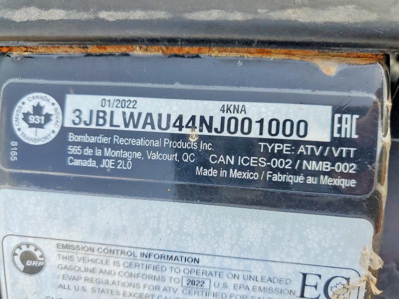 49808416 :رقم المزاد ، 3JBLWAU44NJ001000 vin ، 2022 Can-am Outlander مزاد بيع