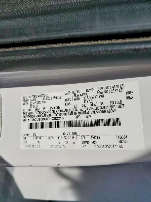 2015 Ford Escape S Fwd მანქანა იყიდება აუქციონზე, vin: 1FMCU9G9XFUC82218, აუქციონის ნომერი: 49649786