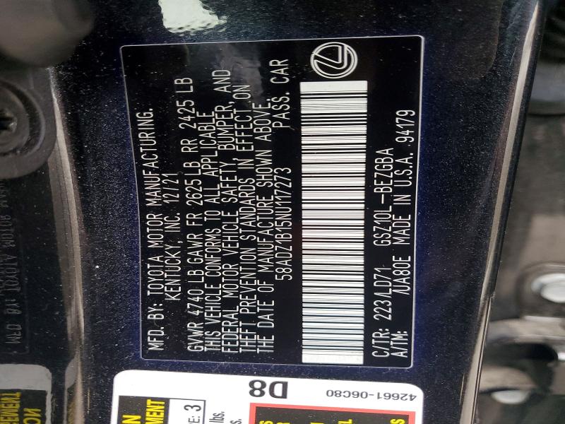 50173326 :رقم المزاد ، 58ADZ1B15NU117273 vin ، 2022 Lexus Es 350 مزاد بيع
