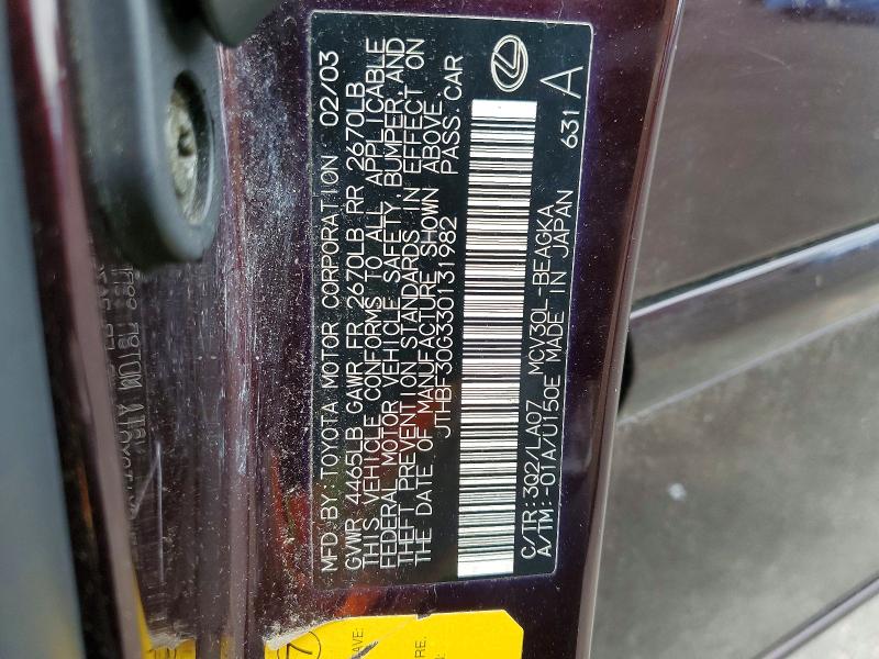 49101476 :رقم المزاد ، JTHBF30G330131982 vin ، 2003 Lexus Es مزاد بيع
