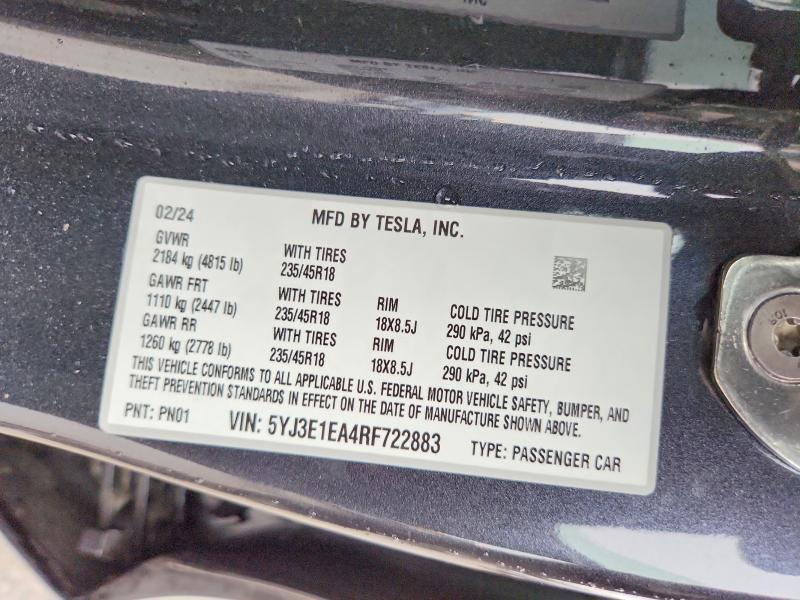 Aukcja sprzedaży 2024 Tesla Model 3, vin: 5YJ3E1EA4RF722883, numer aukcji: 51667876