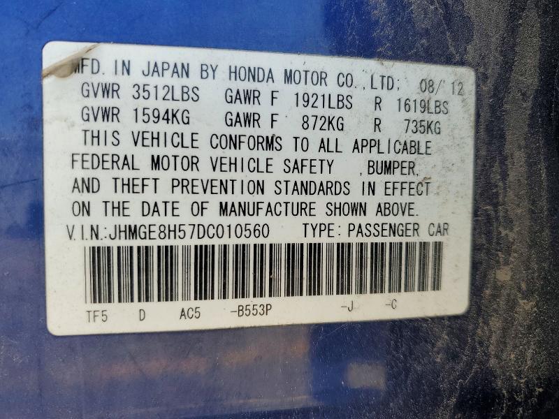 51961696 :رقم المزاد ، JHMGE8H57DC010560 vin ، 2013 Honda Fit مزاد بيع