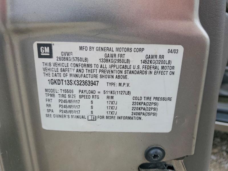 50254796 :رقم المزاد ، 1GKDT13SX32363947 vin ، 2003 Gmc Envoy مزاد بيع