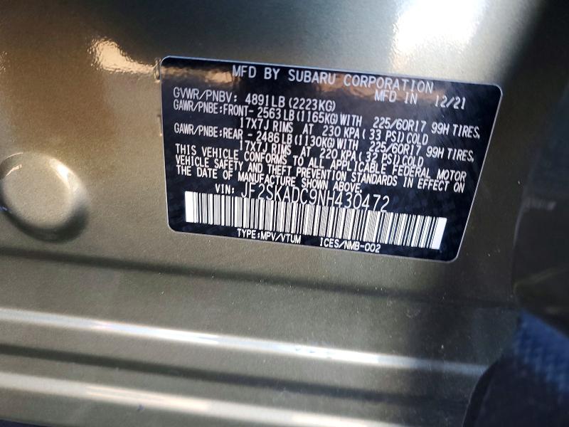49876216 :رقم المزاد ، JF2SKADC9NH430472 vin ، 2022 Subaru Forester مزاد بيع
