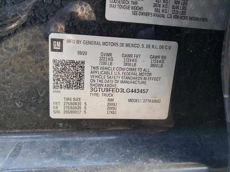 2020 Gmc Sierra მანქანა იყიდება აუქციონზე, vin: 3GTU9FED3LG443457, აუქციონის ნომერი: 48657646