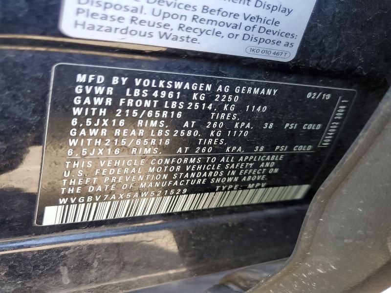 50593586 :رقم المزاد ، WVGBV7AX5AW521529 vin ، 2010 Volkswagen Tiguan مزاد بيع