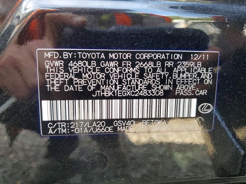 Продаж на аукціоні авто 2012 Lexus Es, vin: JTHBK1EGXC2483308, номер лоту: 49225206