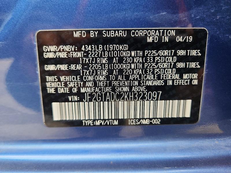 51185746 :رقم المزاد ، JF2GTADC2KH323097 vin ، 2019 Subaru Crosstrek مزاد بيع