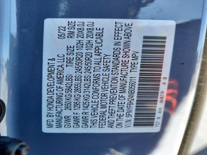 50346496 :رقم المزاد ، 5FNYF6H24NB056011 vin ، 2022 Honda Pilot مزاد بيع