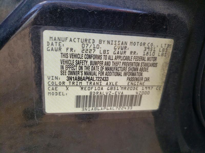 Продаж на аукціоні авто 2010 Nissan Sentra, vin: 3N1AB6AP6AL722433, номер лоту: 50149016