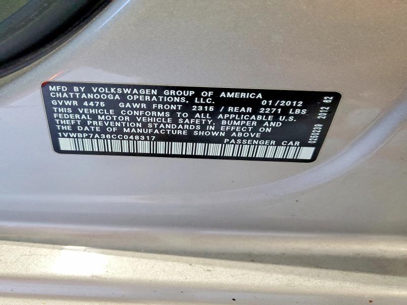 51189936 :رقم المزاد ، 1VWBP7A36CC048317 vin ، 2012 Volkswagen Passat مزاد بيع