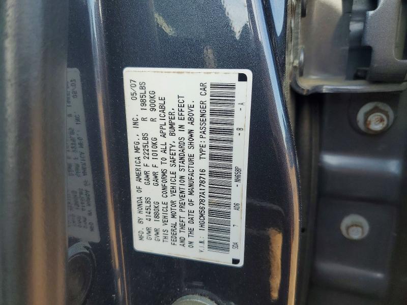 Auction sale of the 2007 Honda Accord, vin: 1HGCM56787A178716, lot number: 49067606