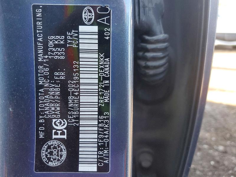 2014 Toyota Corolla მანქანა იყიდება აუქციონზე, vin: 2T1BURHE4EC195132, აუქციონის ნომერი: 50082586