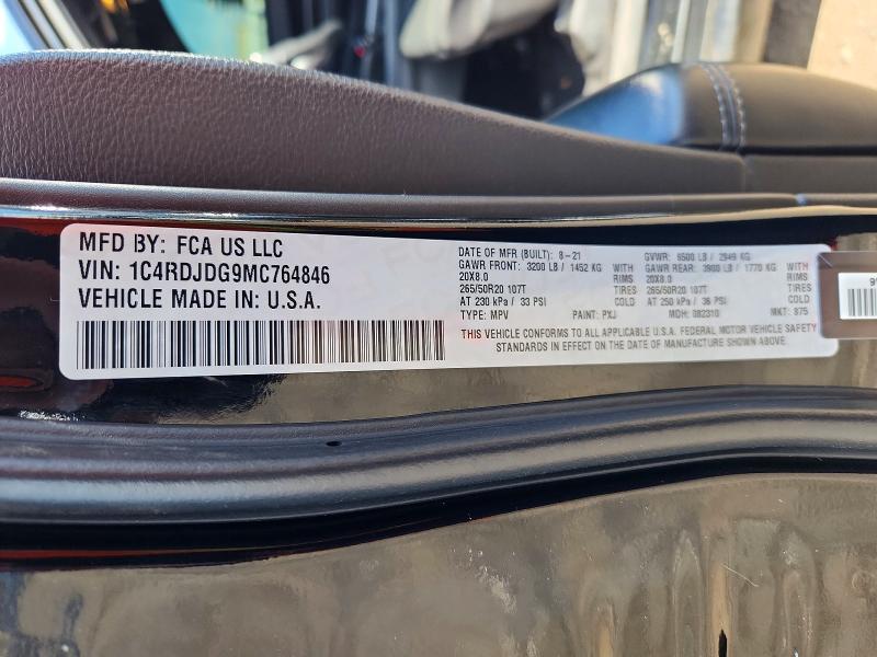 2021 Dodge Durango მანქანა იყიდება აუქციონზე, vin: 1C4RDJDG9MC764846, აუქციონის ნომერი: 50771056