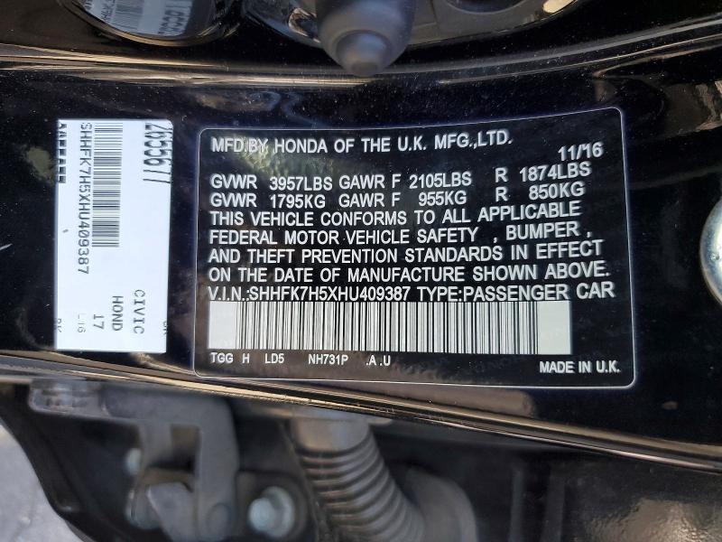 Auction sale of the 2017 Honda Civic, vin: SHHFK7H5XHU409387, lot number: 46492126