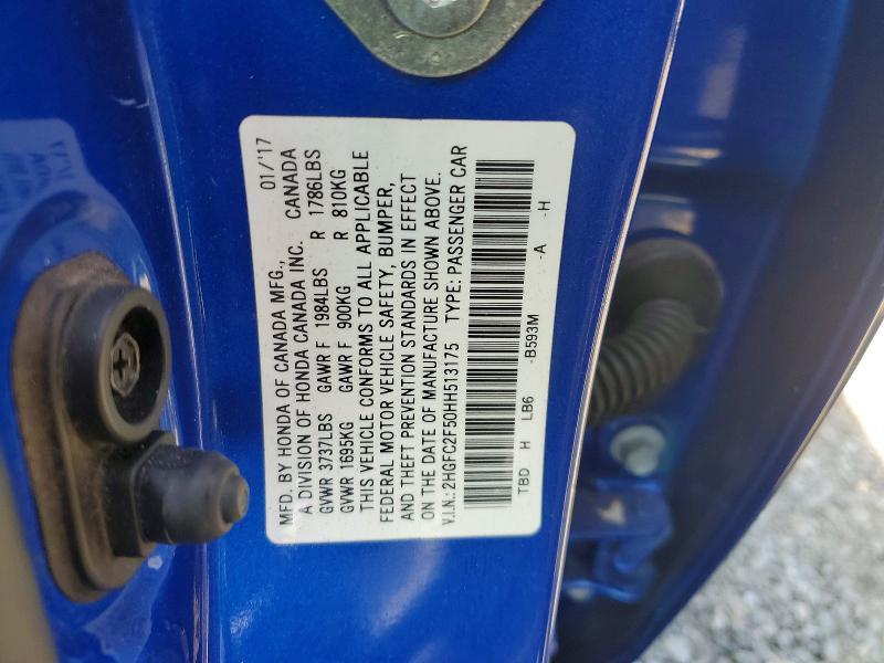 Продаж на аукціоні авто 2017 Honda Civic, vin: 2HGFC2F50HH513175, номер лоту: 48215646