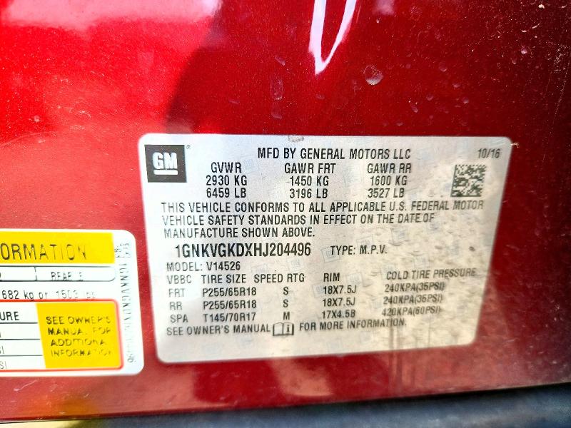 48251076 :رقم المزاد ، 1GNKVGKDXHJ204496 vin ، 2017 Chevrolet Traverse مزاد بيع