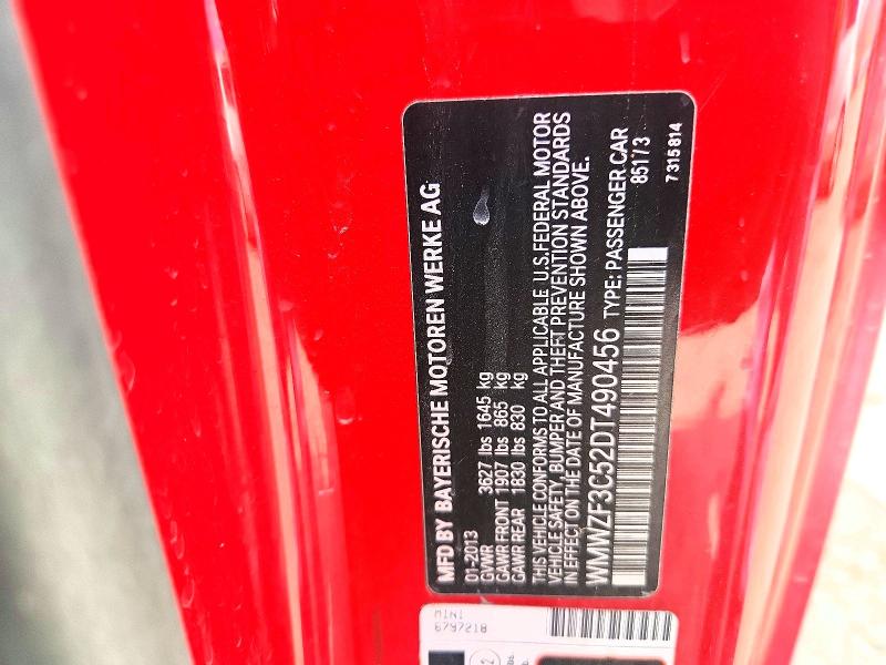 2013 Mini Cooper მანქანა იყიდება აუქციონზე, vin: WMWZF3C52DT490456, აუქციონის ნომერი: 49818826