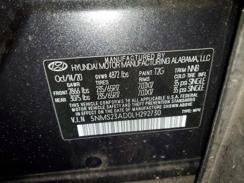 50189076 :رقم المزاد ، 5NMS23AD0LH292730 vin ، 2020 Hyundai Santa Fe مزاد بيع