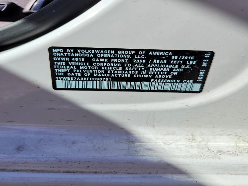 51849196 :رقم المزاد ، 1VWBS7A38FC096761 vin ، 2015 Volkswagen Passat مزاد بيع