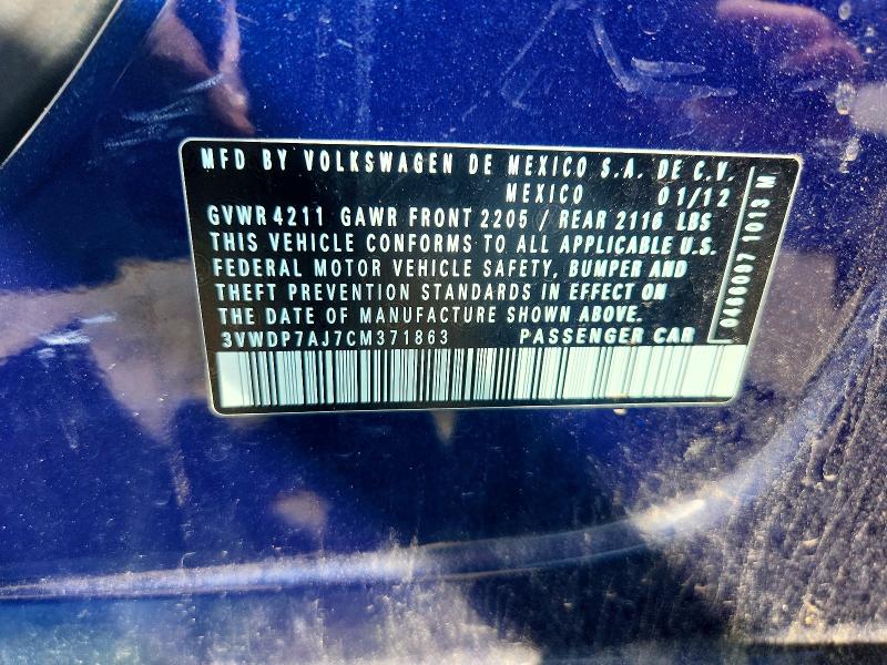 Aukcja sprzedaży 2012 Volkswagen Jetta, vin: 3VWDP7AJ7CM371863, numer aukcji: 50011556