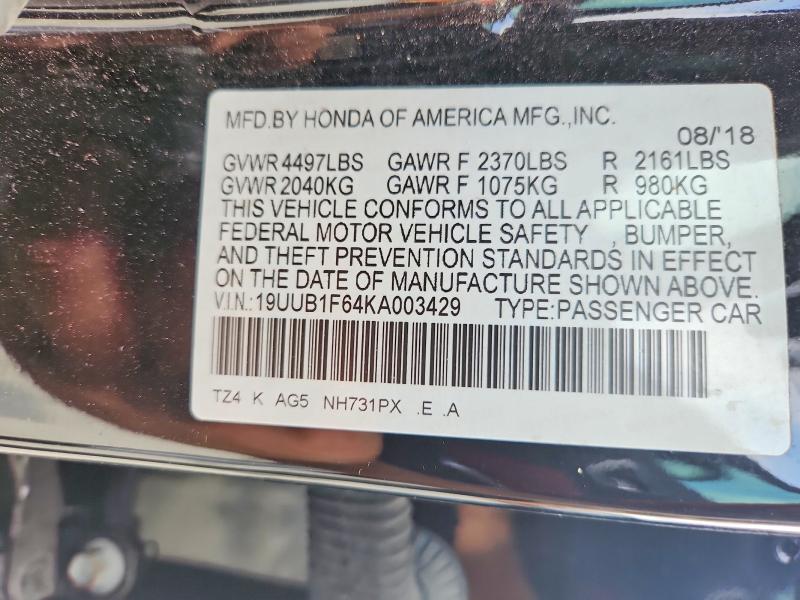 2019 Acura Tlx მანქანა იყიდება აუქციონზე, vin: 19UUB1F64KA003429, აუქციონის ნომერი: 48107646