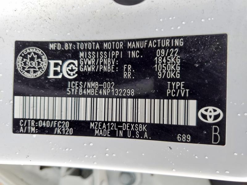 Продаж на аукціоні авто 2022 Toyota Corolla, vin: 5YFB4MBE4NP132298, номер лоту: 48429756