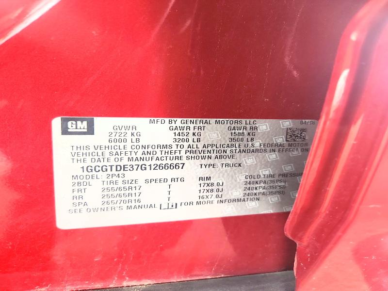 51360896 :رقم المزاد ، 1GCGTDE37G1266667 vin ، 2016 Chevrolet Colorado مزاد بيع