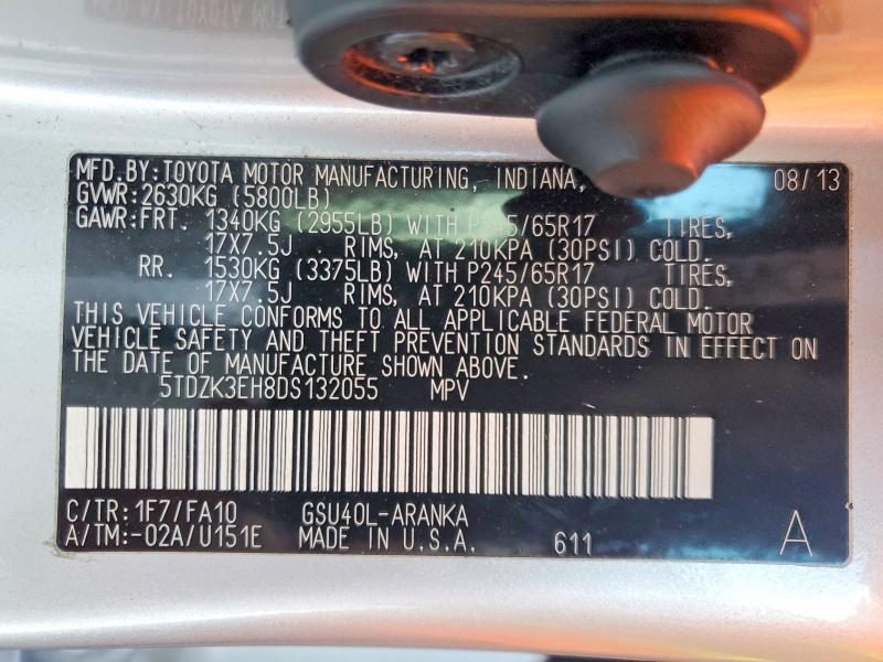 50489626 :رقم المزاد ، 5TDZK3EH8DS132055 vin ، 2013 Toyota Highlander مزاد بيع