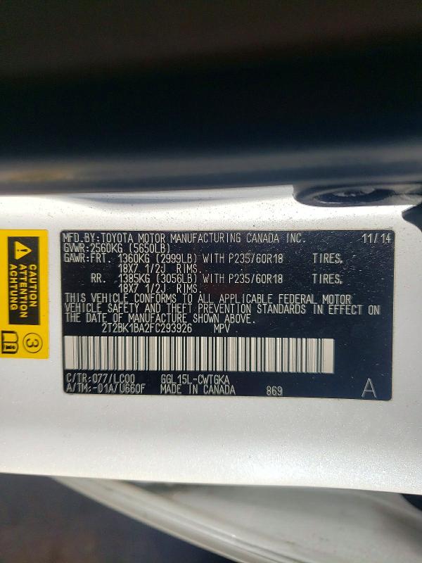 50406546 :رقم المزاد ، 2T2BK1BA2FC293926 vin ، 2015 Lexus Rx 350 مزاد بيع