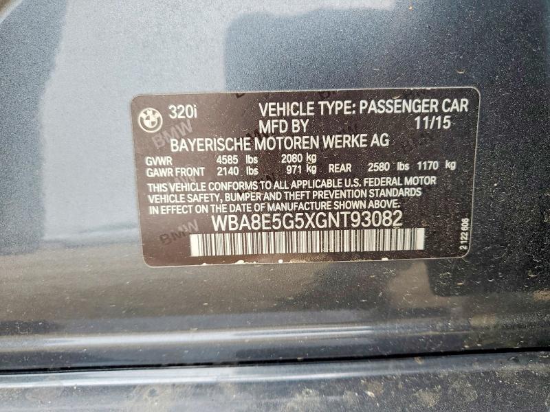 50859316 :رقم المزاد ، WBA8E5G5XGNT93082 vin ، 2016 Bmw 320 مزاد بيع