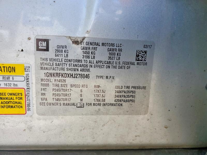 Aukcja sprzedaży 2017 Chevrolet Traverse, vin: 1GNKRFKDXHJ278046, numer aukcji: 51809726