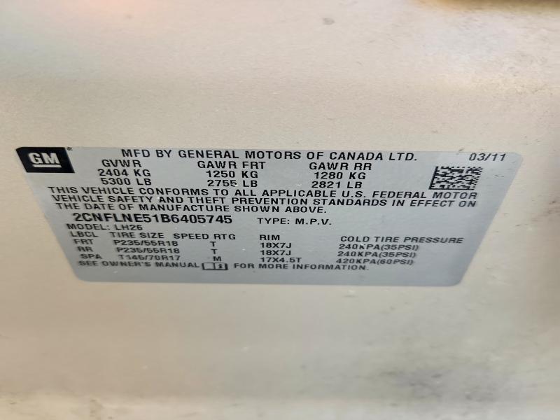 49764856 :رقم المزاد ، 2CNFLNE51B6405745 vin ، 2011 Chevrolet Equinox مزاد بيع
