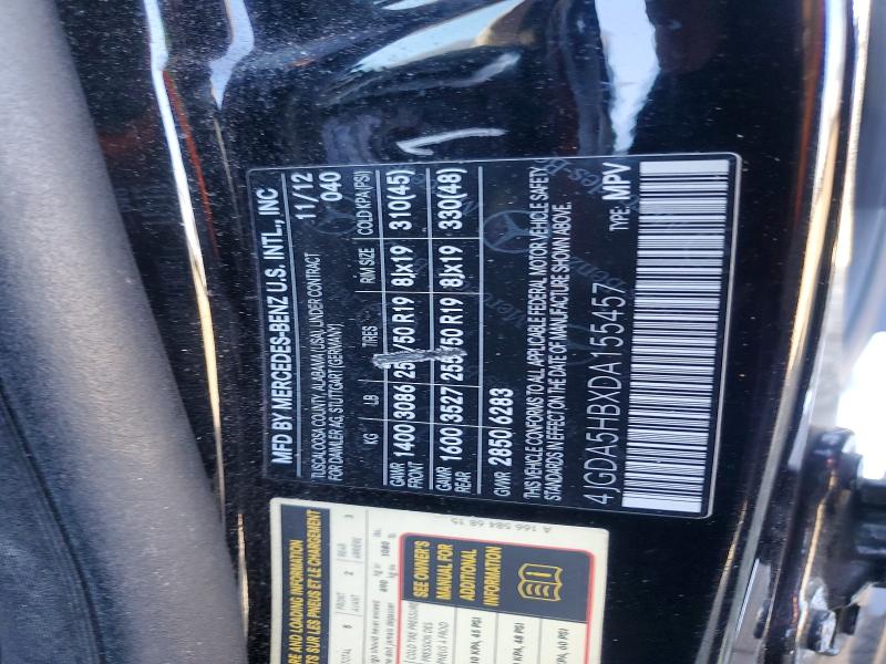 51902046 :رقم المزاد ، 4JGDA5HBXDA155457 vin ، 2013 Mercedes-benz Ml مزاد بيع