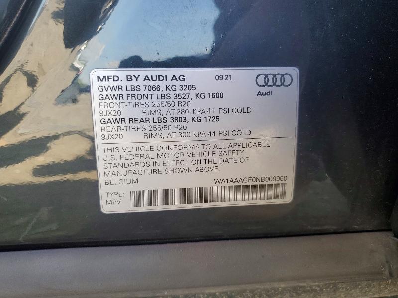 2022 Audi E-tron მანქანა იყიდება აუქციონზე, vin: WA1AAAGE0NB009960, აუქციონის ნომერი: 51321086