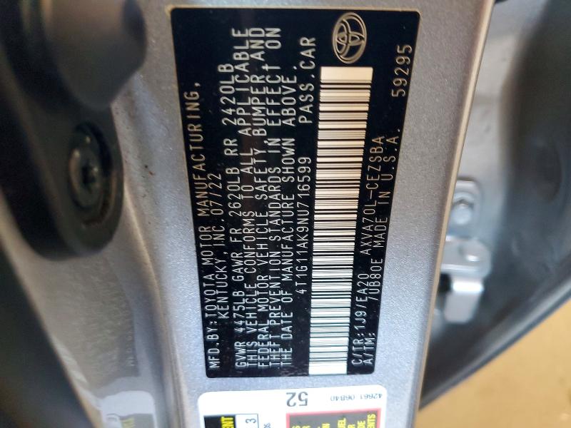 48062426 :رقم المزاد ، 4T1G11AK9NU716599 vin ، 2022 Toyota Camry مزاد بيع