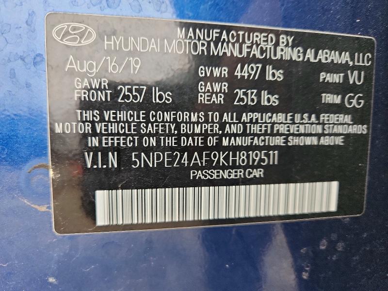 2019 Hyundai Sonata მანქანა იყიდება აუქციონზე, vin: 5NPE24AF9KH819511, აუქციონის ნომერი: 51706616