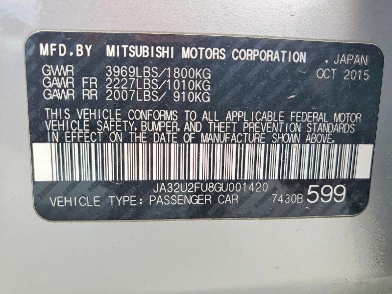 Aukcja sprzedaży 2016 Mitsubishi Lancer, vin: JA32U2FU8GU001420, numer aukcji: 51158826
