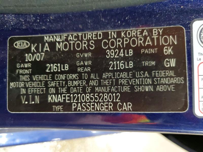 Aukcja sprzedaży 2008 Kia Spectra, vin: KNAFE121085528012, numer aukcji: 49679786