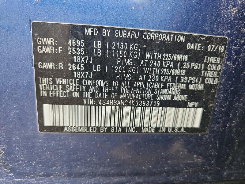Aukcja sprzedaży 2019 Subaru Outback, vin: 4S4BSANC4K3393719, numer aukcji: 50138956