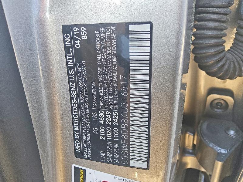 50409826 :رقم المزاد ، 55SWF8DB8KU316817 vin ، 2019 Mercedes-benz C مزاد بيع