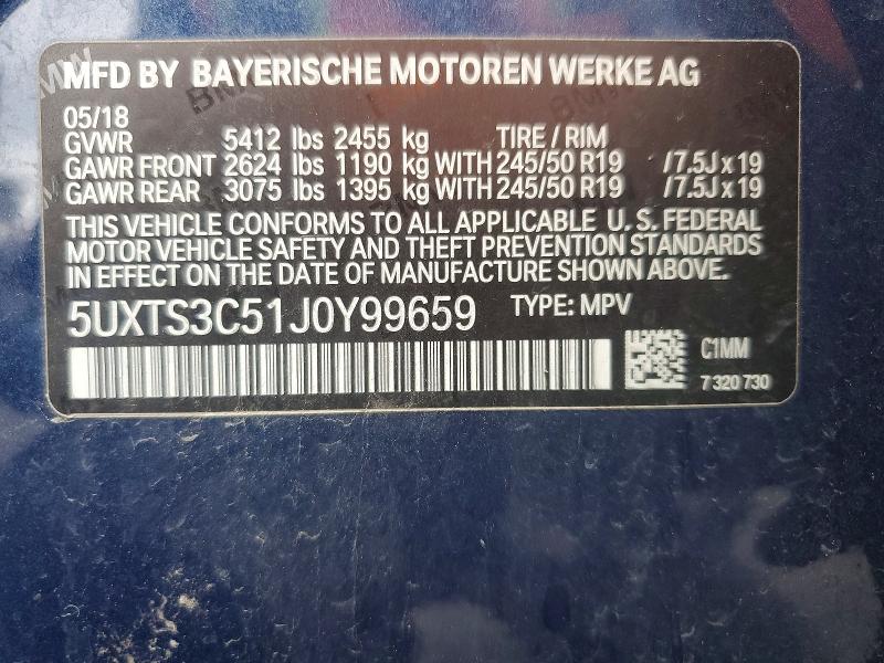 50863836 :رقم المزاد ، 5UXTS3C51J0Y99659 vin ، 2018 Bmw X3 مزاد بيع