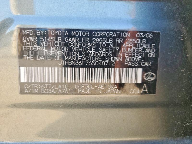 50104246 :رقم المزاد ، JTHBN36F765048712 vin ، 2006 Lexus Ls مزاد بيع